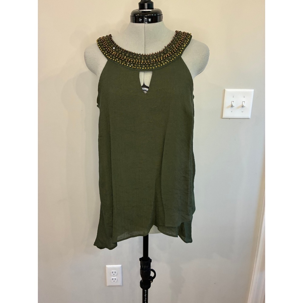 AB Studio Olive Green Beaded Neckline Keyhole Halter Blouse Medium